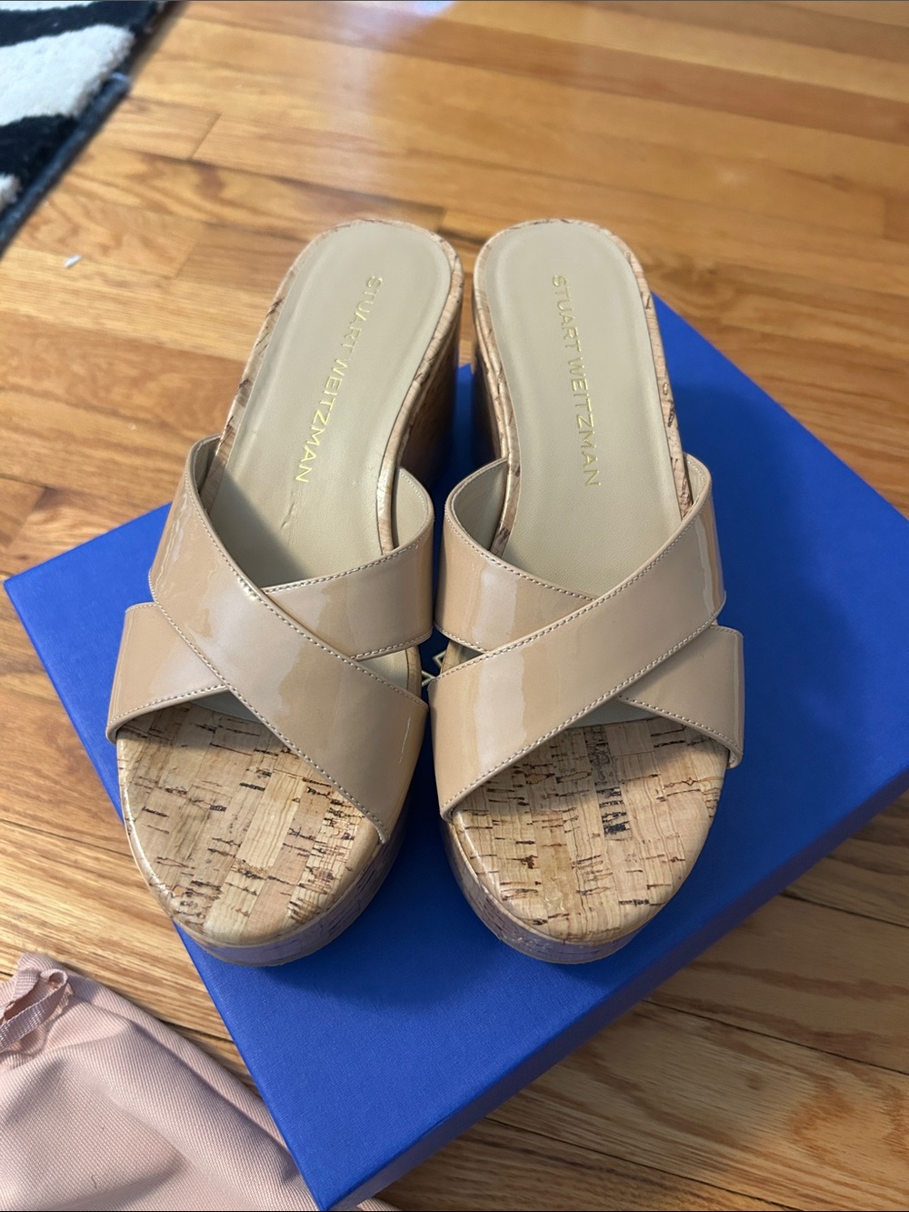 Stuart Weitzman Patent Nude Crisscross Cork Wedge Slides